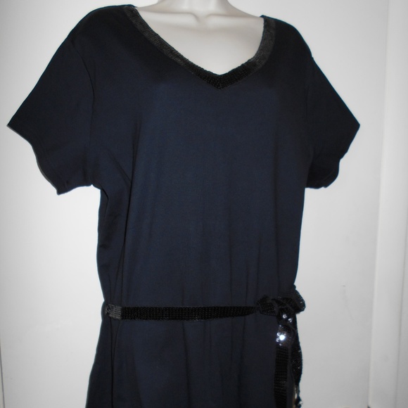 Vintage Black Sequins Accent Neck Belted Top 3X